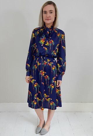 VINTAGE 80'S NAVY BLUE PARROT PUSSY BOW DRESS