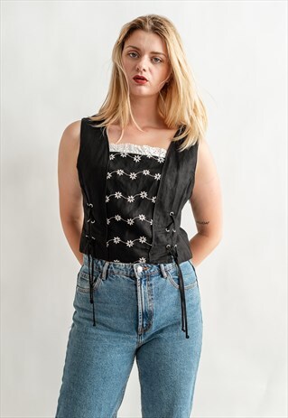 VINTAGE 80S CORSET BLOUSE WITH FLORAL EMBROIDERY