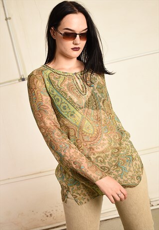 VINTAGE Y2K SEQUINED PAISLEY PRINT SHEER BOHO TUNIC TOP