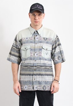 Vintage 90s denim shirt in aztec pattern short sleeve