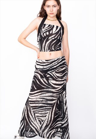 VINTAGE 90S ZEBRA CHIFFON HALTER TOP & SKIRT CO-ORDS ID:1696