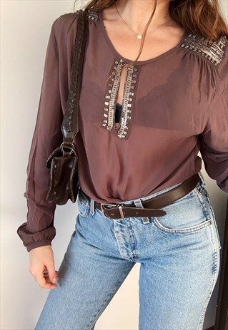 VINTAGE Y2K MUSLIN SHEER SEQUIN BOHO CHIC TOP BLOUSE