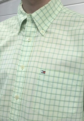 MENS TOMMY HILFIGER SHIRT GREEN CHECKED SHORT SLEEVE TOP