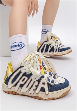 Denim sneakers edgy platform trainers graffiti shoes in blue