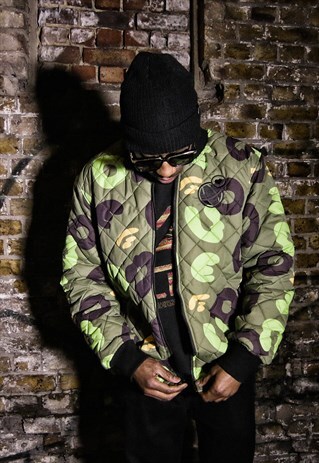 REVERSIBLE BOMBER JACKET BLACK ALLOVER CAMOUFLAGE GREEN