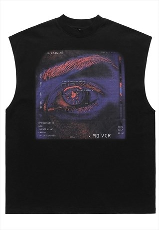 GRUNGE SLEEVELESS T-SHIRT GOTHIC TOP EYE PRINT SURFER VEST