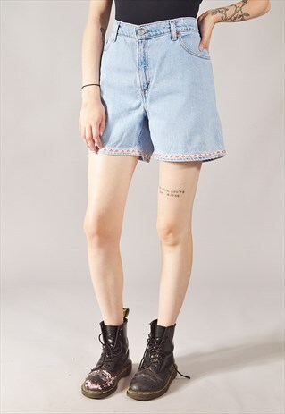 VINTAGE LEVI'S FLORAL EMBROIDERED DENIM SHORTS MID BLUE