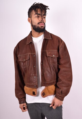 REDSKINS MENS VINTAGE LEATHER JACKET LARGE BROWN 90'S