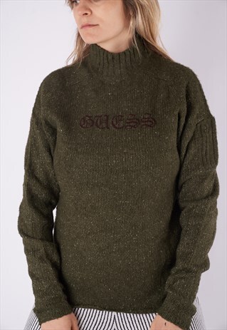Y2K VINTAGE WOOL BLEND GUESS LOGO SWEATER KHAKI UNISEX