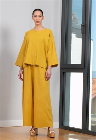 Linen Set of Palazzo Pants and Loose Tunic in Mustard Color