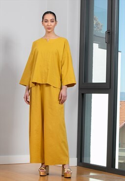 Linen Set of Palazzo Pants and Loose Tunic in Mustard Color
