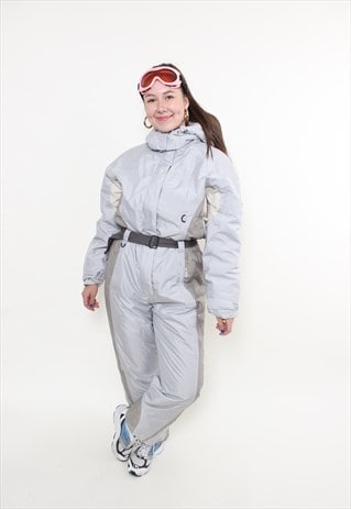 90S ONE PIECE SKI SUIT, WOMAN VINTAGE SNOWSUIT, GRAY SKI 