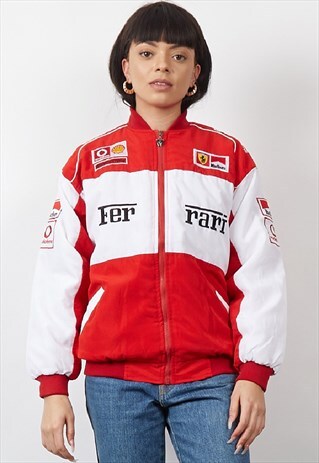 VINTAGE 90'S FERRARI RED/WHITE PADDED BOMBER JACKET