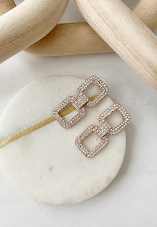 GOLD DIAMANTE DROP DAINTY SQUARE CHANDELIER EARRINGS