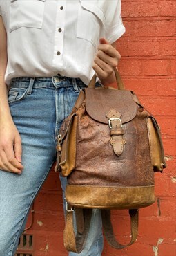 Small Brown Leather Battered Look Rucksack / Backpack