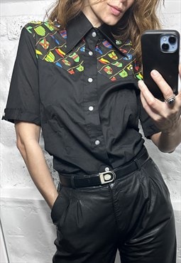 Retro Wing Collar Unisex Black Colorful Shirt - S