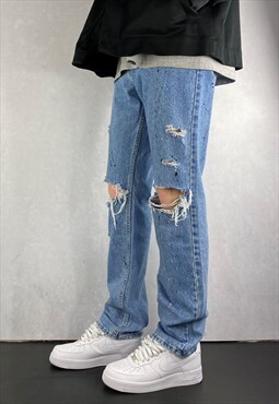 Rip Knee Blue Slim Lee Jeans Paint Splatter 31 x 33.5