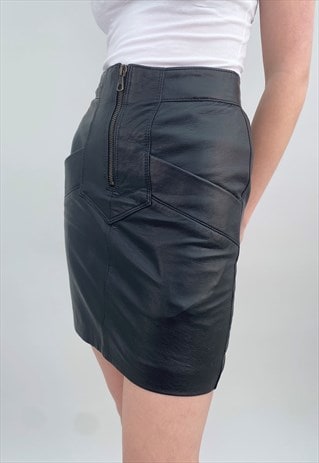 80's Vintage Ladies Black Leather Pencil Mini Skirt 