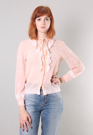 VINTAGE 60S EMBROIDERED CHIFFON SHEER TIE NECK BLOUE