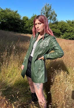 Vintage 90s Y2K Green Genuine Leather Trench Coat