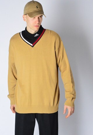 Y2K CAMEL BROWN V-NECK TOMMY HILFIGER JUMPER