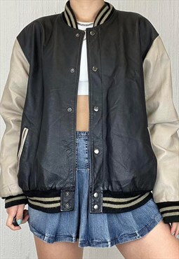 vintage leather baseball style bomber jacket