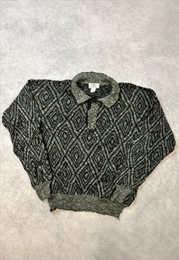 Vintage Abstract Knitted Jumper 1/4 Button Patterned Sweater