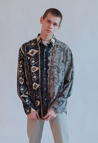 VINTAGE 90S GRUNGE CONTRAST PATTERN SHIRT IN LONG SLEEVE