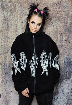 Bones fleece jacket faux fur grunge skeleton bomber in black