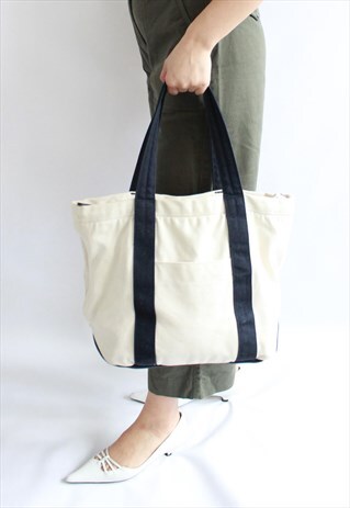 CREAM NAVY STRAP COTTON TOTE SHOULDER BAG
