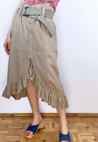 VINTAGE BEIGE LINEN FLOUNCES HIPPIE BOHO MIDI DRESS 70S CUTE