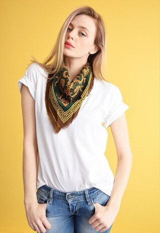 VINTAGE 70'S RETRO BOHO ABSTRACT PATTERN FRINGED SCARF
