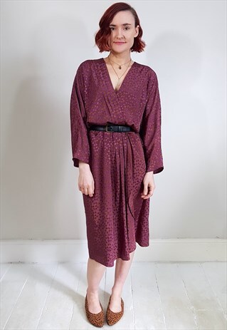VINTAGE 80'S PURPLE PATTERNED SILKY FAUX WRAP DRESS