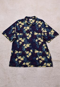 Vintage 90s BHS Navy Floral Print Polo T Shirt