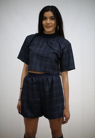 NAVY TARTAN CROP TOP WITH WHITE MESH BACK
