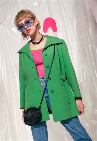 VINTAGE MOD COAT 60S TWIGGY GREEN WOOL JACKET