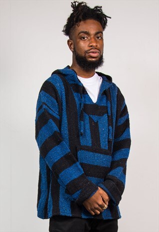 VINTAGE 90'S BLUE GRUNGE STRIPE FESTIVAL BAJA HOODIE JUMPER
