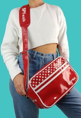 SPYWALK VINTAGE Y2K MESSENGER BAG RED FAUX PATENT LEATHER