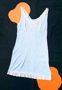 Vintage Slip Dress 70s Fairycore Lace Babydoll in Blue