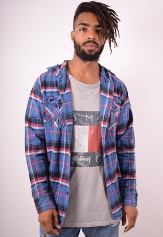 MENS VINTAGE FLANNEL HOODED SHIRT XL BLUE CHECK 90S