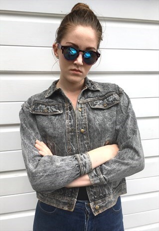 WOMENS VINTAGE 80S DENIM JACKET GREY ACID WASH TRUCKER COAT