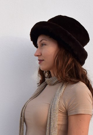 VINTAGE 90S OVERSIZED FAUX FUR BUCKET HAT BROWN/PURPLE LARGE