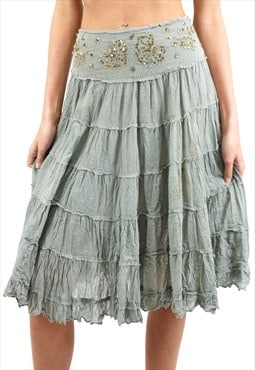 Vintage Y2K Tiered Midi Skirt with Butterfly Embroidery 