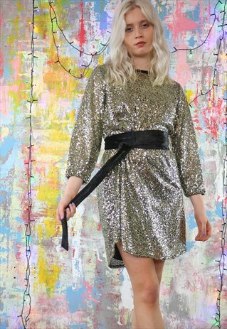 SILVERY GOLD TINY SEQUIN SHIFT DRESS