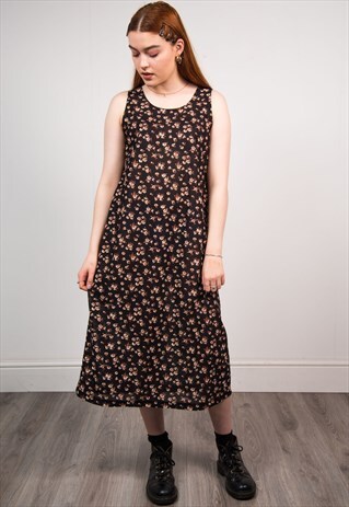 90'S BLACK FLORAL PATTERN MIDI DRESS