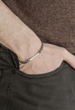 Silver long bar bracelet for men grey cord gift for him