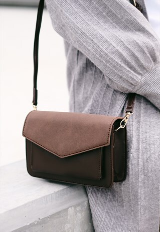 LEATHER AND SUEDE MINIMALIST CROSS BODY BAG - DARK BROWN