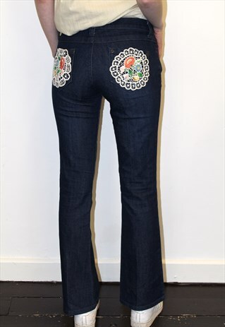 90S VINTAGE HIPPIE BOHO EMBROIDERED BLUE JEANS BOOTCUT