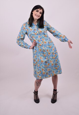 VINTAGE 70'S BLUE FLOWER PRINT DRESS SIZE 10 12 14