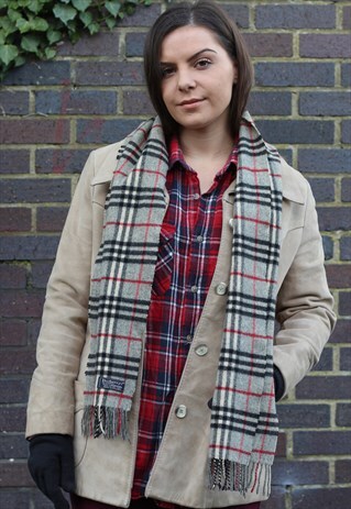 VINTAGE LAMBSWOOL CHECKED SCARF GREY-AS118